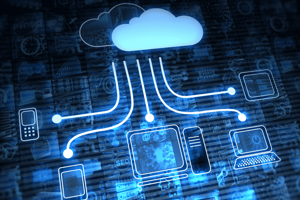 Cloud computing diagram showing data connections to multiple devices