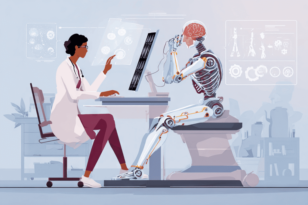 Doctor consulting with a humanoid robot patient at a computer in a futuristic clinic.