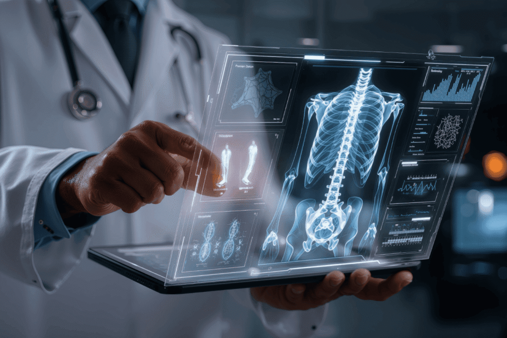 Doctor holding a tablet showing a 3D X-ray skeleton and medical data charts.