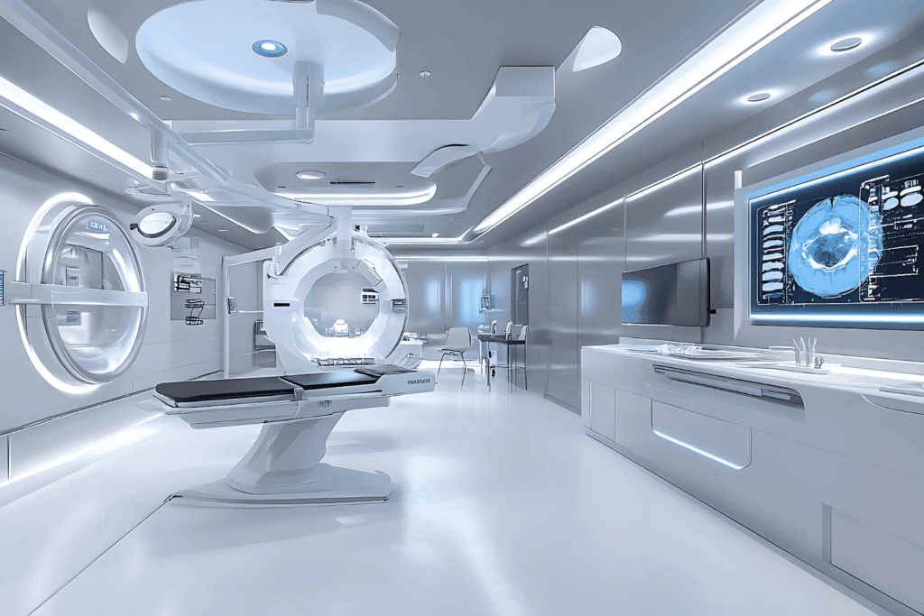 Futuristic hospital imaging room with large scanner machines, a patient table, and wall monitors