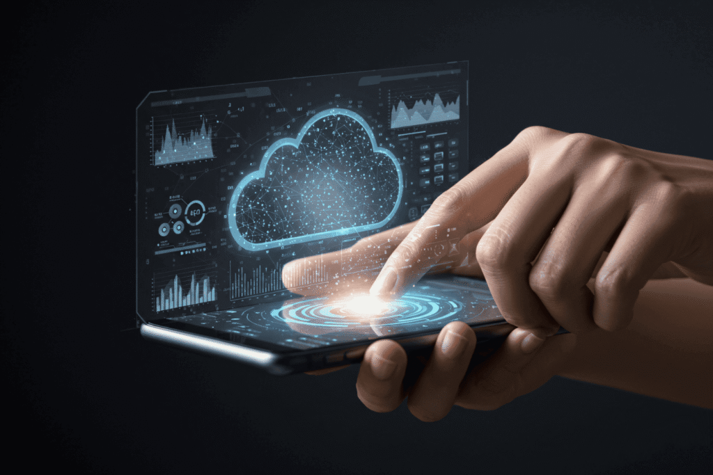Hand tapping a smartphone with a glowing holographic cloud and data charts above it.