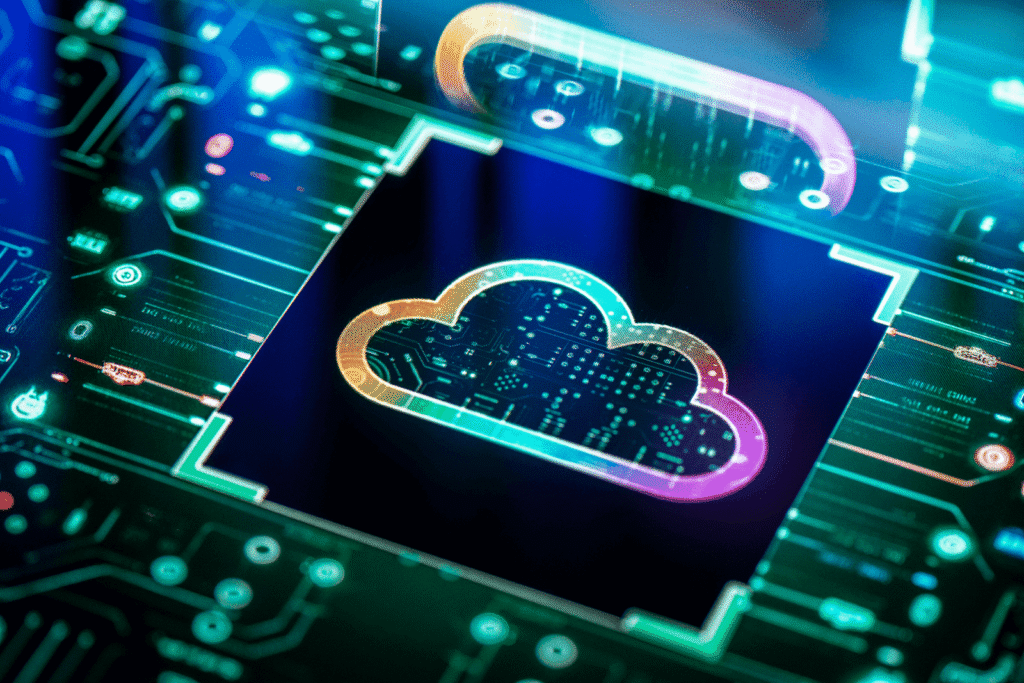 Close-up futuristic illustration of a glowing cloud icon embedded in a microchip, surrounded by neon circuitry and digital interface elements representing cloud computing and data processing.