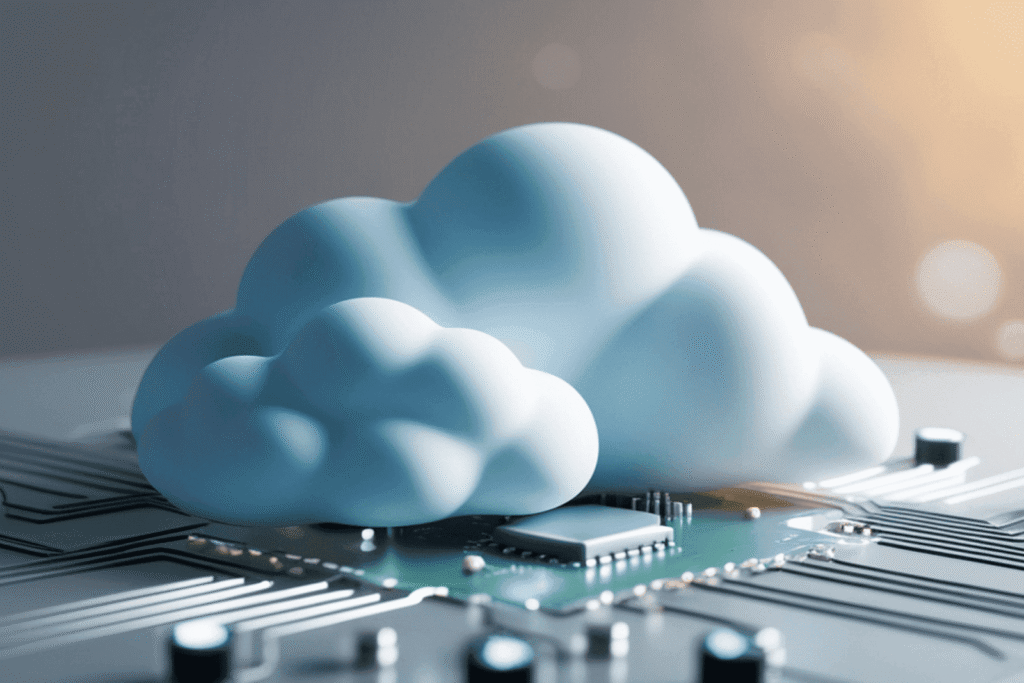 Cloud computing concept shown as a cloud icon resting on a computer circuit board