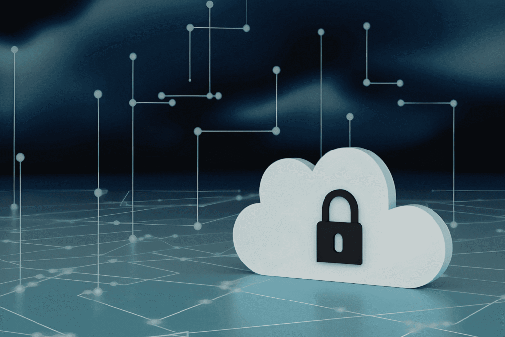 Cloud icon with a padlock symbol representing secure cloud data protection