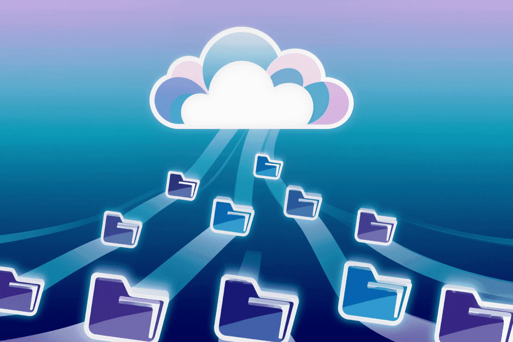 Illustration of cloud storage distributing files to multiple folders