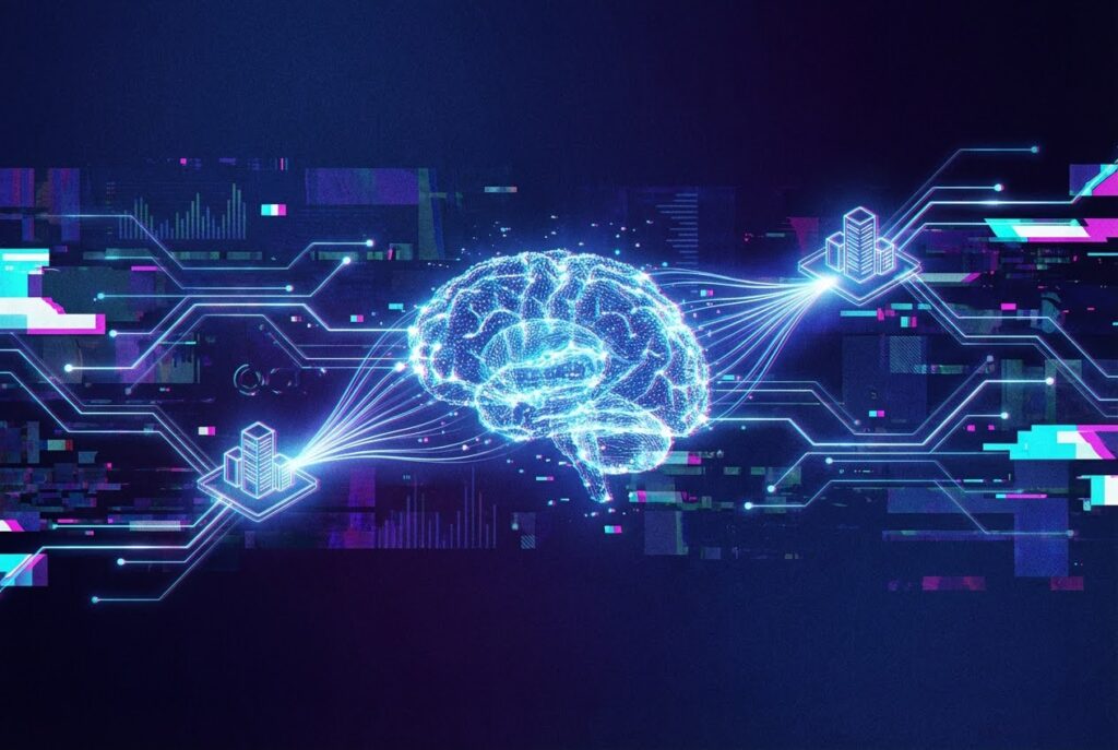 Digital brain connected to two building icons by glowing lines on a dark blue background with circuit patterns.
