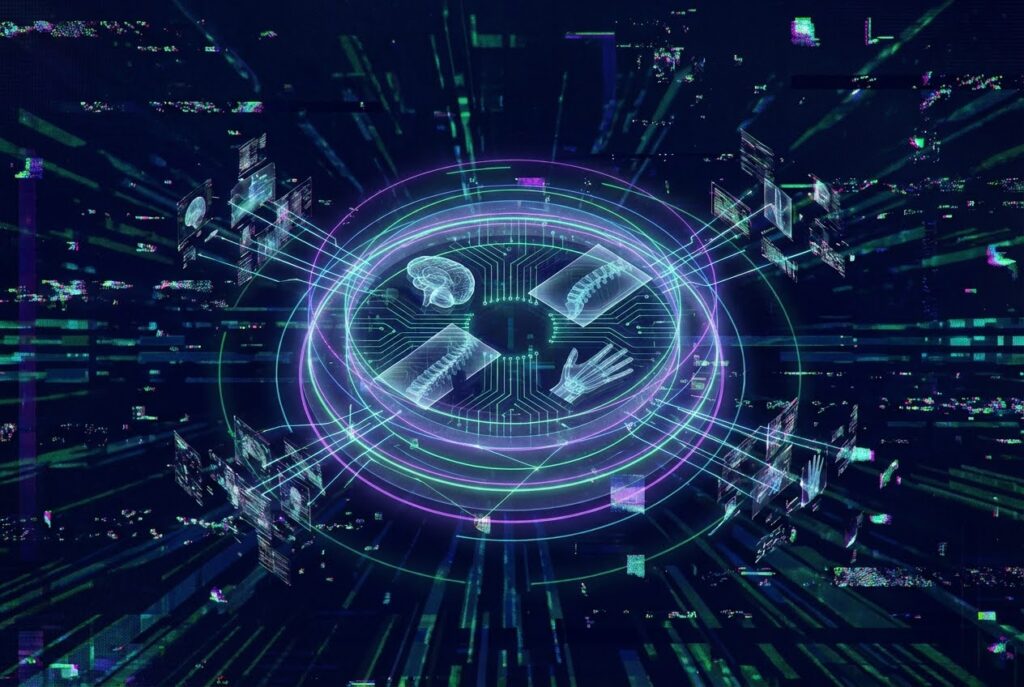 Digital medical imaging with brain, spine, and hand scans connected by glowing circuit lines on a dark background.