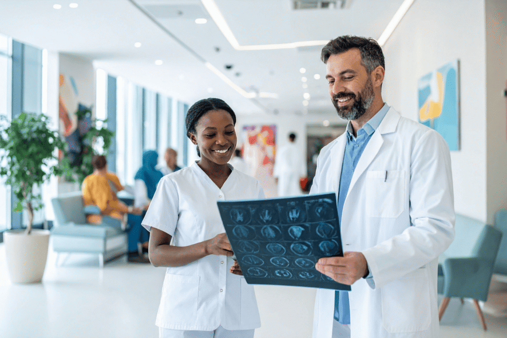 Doctor and nurse standing in a hospital hallway, reviewing and smiling at a medical scan image together while patients sit in the background.