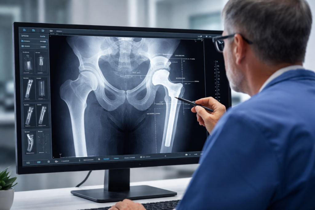 Doctor reviewing a hip X-ray on a computer monitor, pointing at a hip replacement implant visible in the pelvic scan.