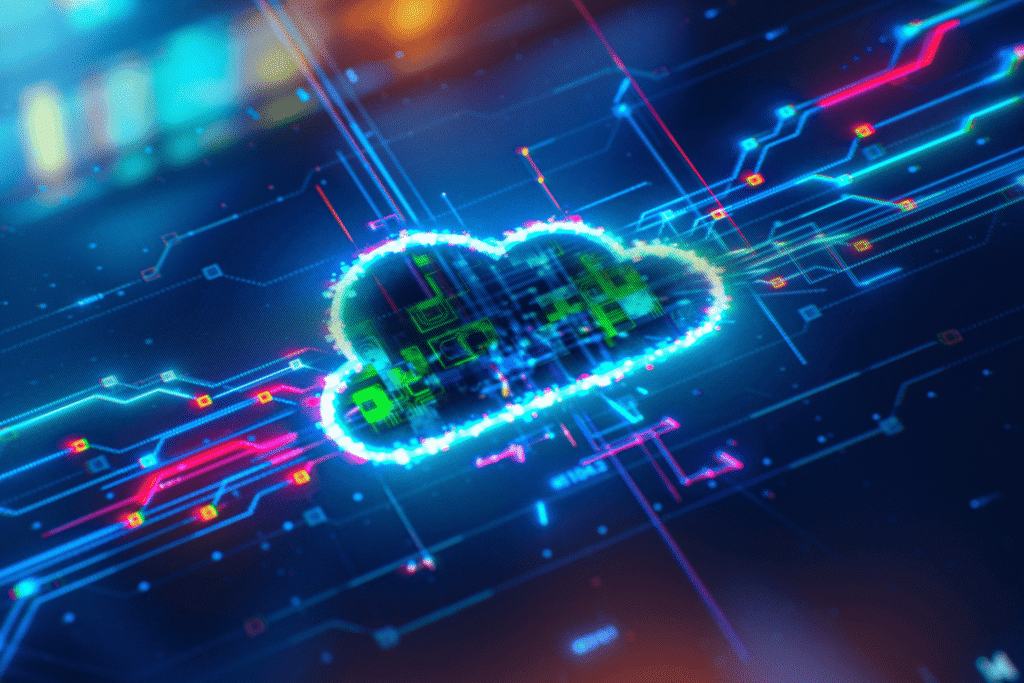 Futuristic digital cloud icon glowing in blue and neon colors, surrounded by circuit lines and data graphics representing cloud computing and cybersecurity technology.