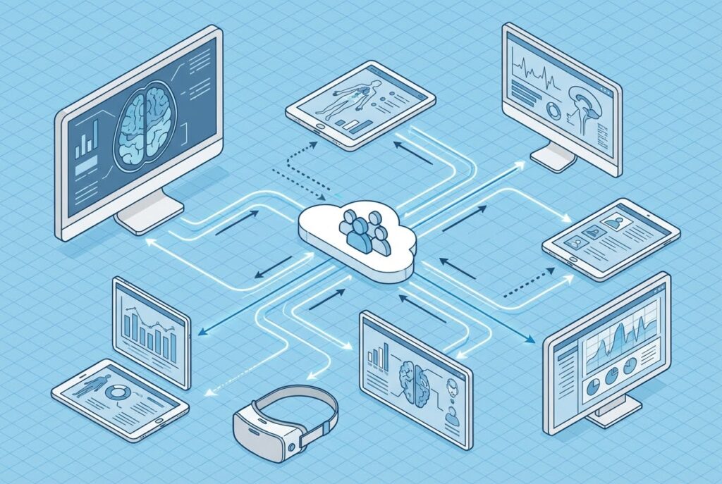 Isometric illustration of medical data collaboration via cloud, connecting monitors, tablets, and VR headsets.