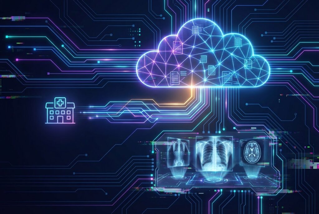 Cloud computing network connected to hospital systems and digital medical imaging data