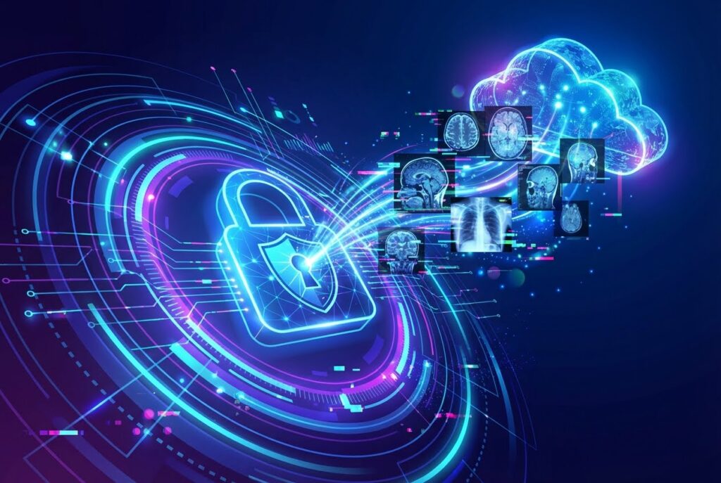 Cybersecurity lock protecting cloud-based medical data and digital health imaging.