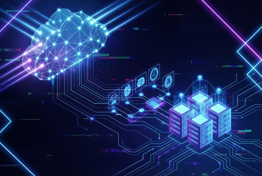 Digital cloud icon connected to servers and medical scans by glowing blue and purple lines on a dark background.