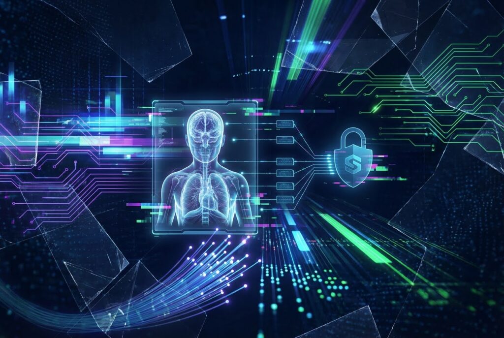 Digital human body interface with data streams and a cybersecurity lock symbol representing secure healthcare technology.