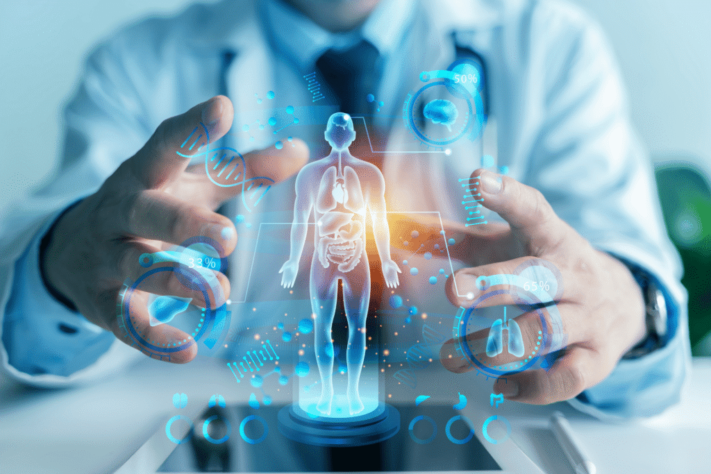 Doctor interacting with a digital human body interface showing health data, DNA, and organ analytics