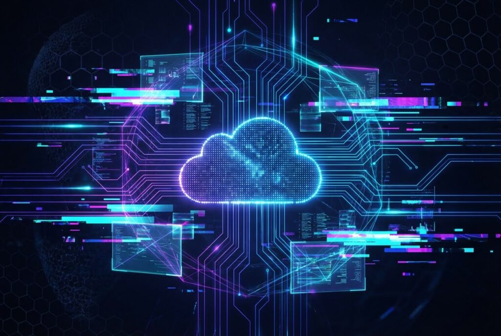 Glowing blue cloud icon surrounded by circuit board lines and digital data on a dark background.