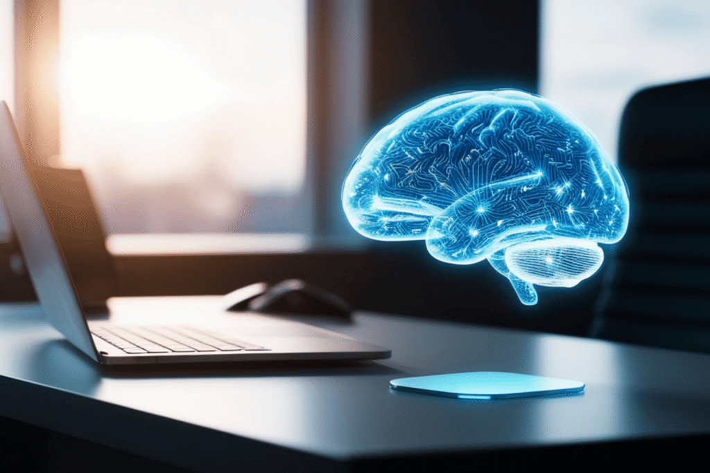 Holographic digital brain floating above a desk next to a laptop, representing artificial intelligence
