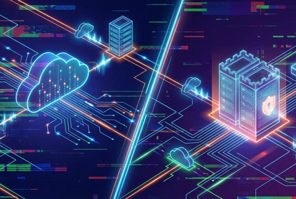 Neon blue and orange digital network with cloud servers, data centers, and circuit board lines on a dark background.