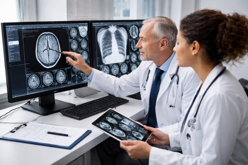 Two doctors reviewing radiology scans on a PACS system, analyzing brain MRI images on large monitors in a hospital radiology workstation