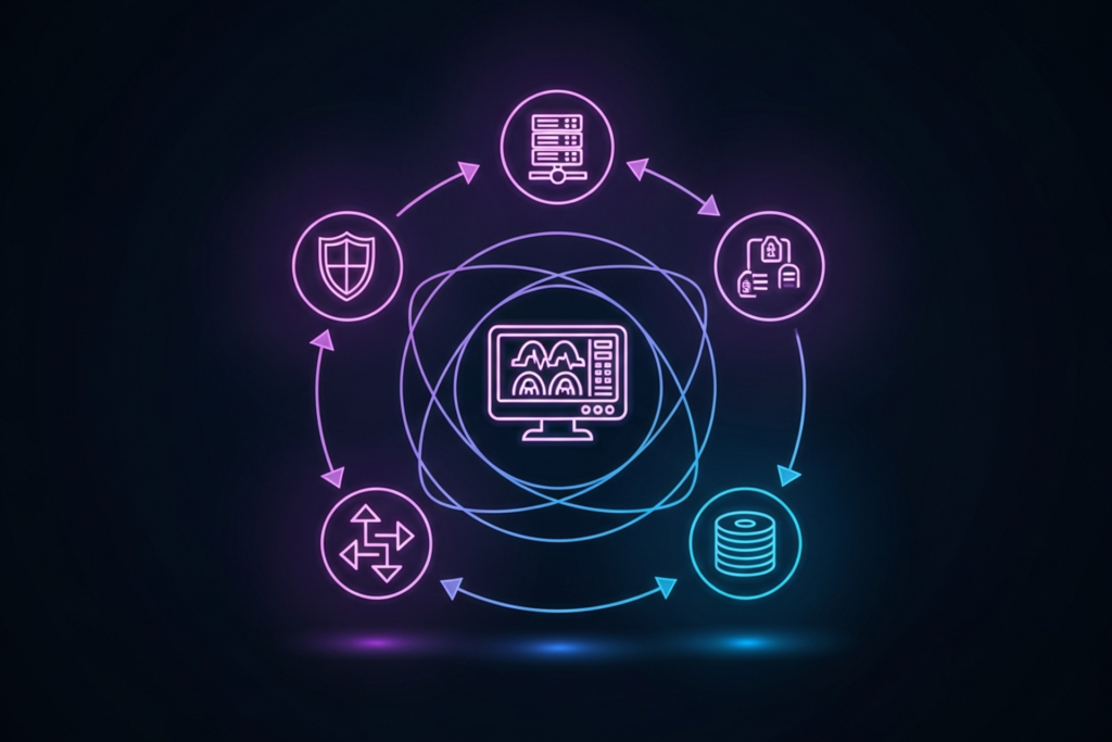 Digital illustration of balanced healthcare IT infrastructure with interconnected systems including security, storage, and medical imaging