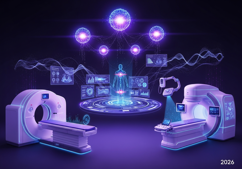 Abstract illustration of interconnected imaging systems representing healthcare imaging trends in 2026