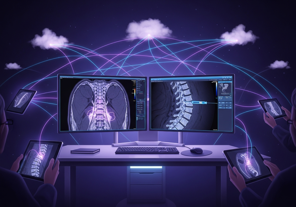 Digital illustration of a pain management clinic with fluoroscopy and MRI studies displayed on a cloud PACS workstation