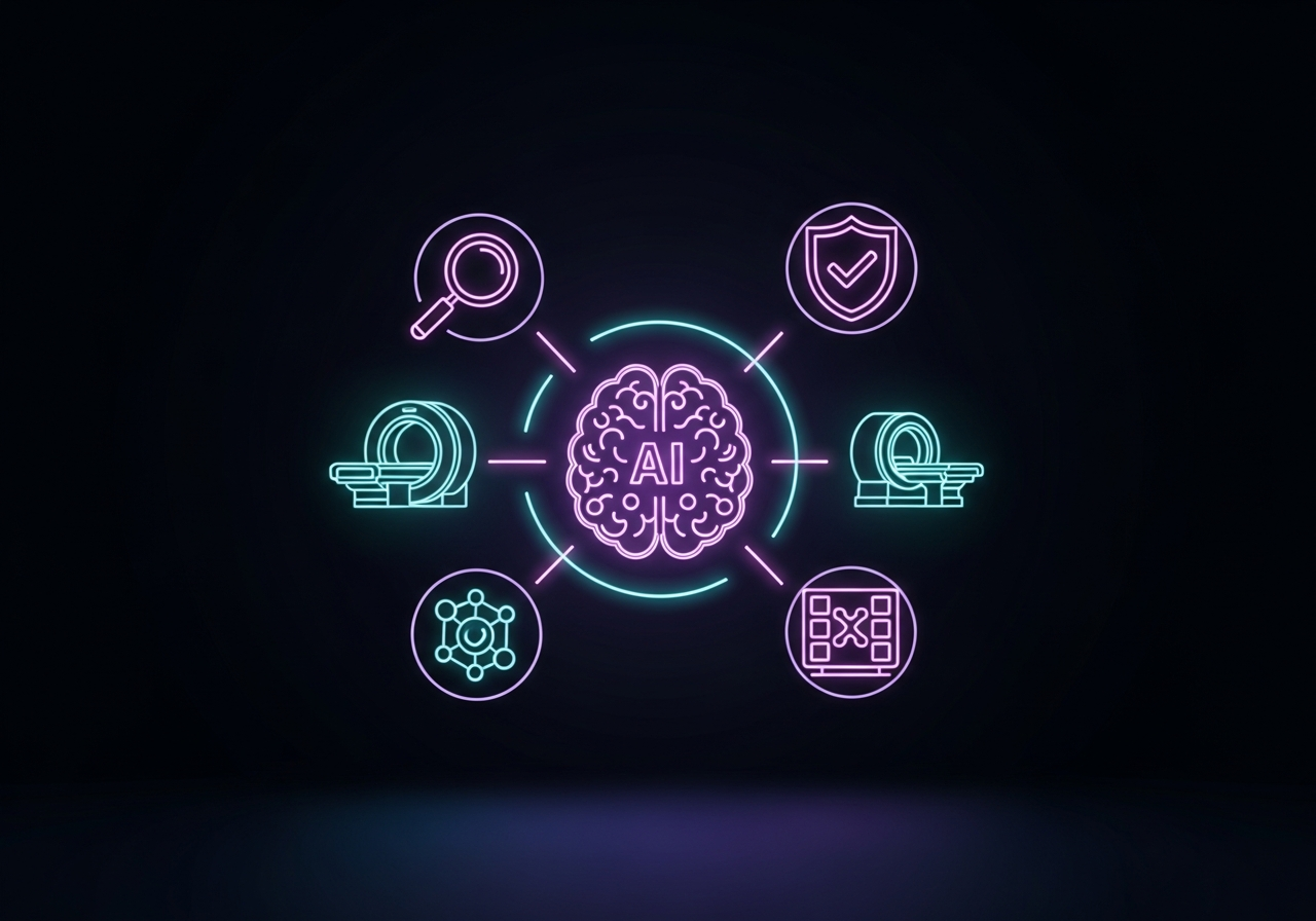 A stylized digital illustration showing a radiology director reviewing AI imaging evaluation criteria on a touchscreen dashboard in a modern clinical environment