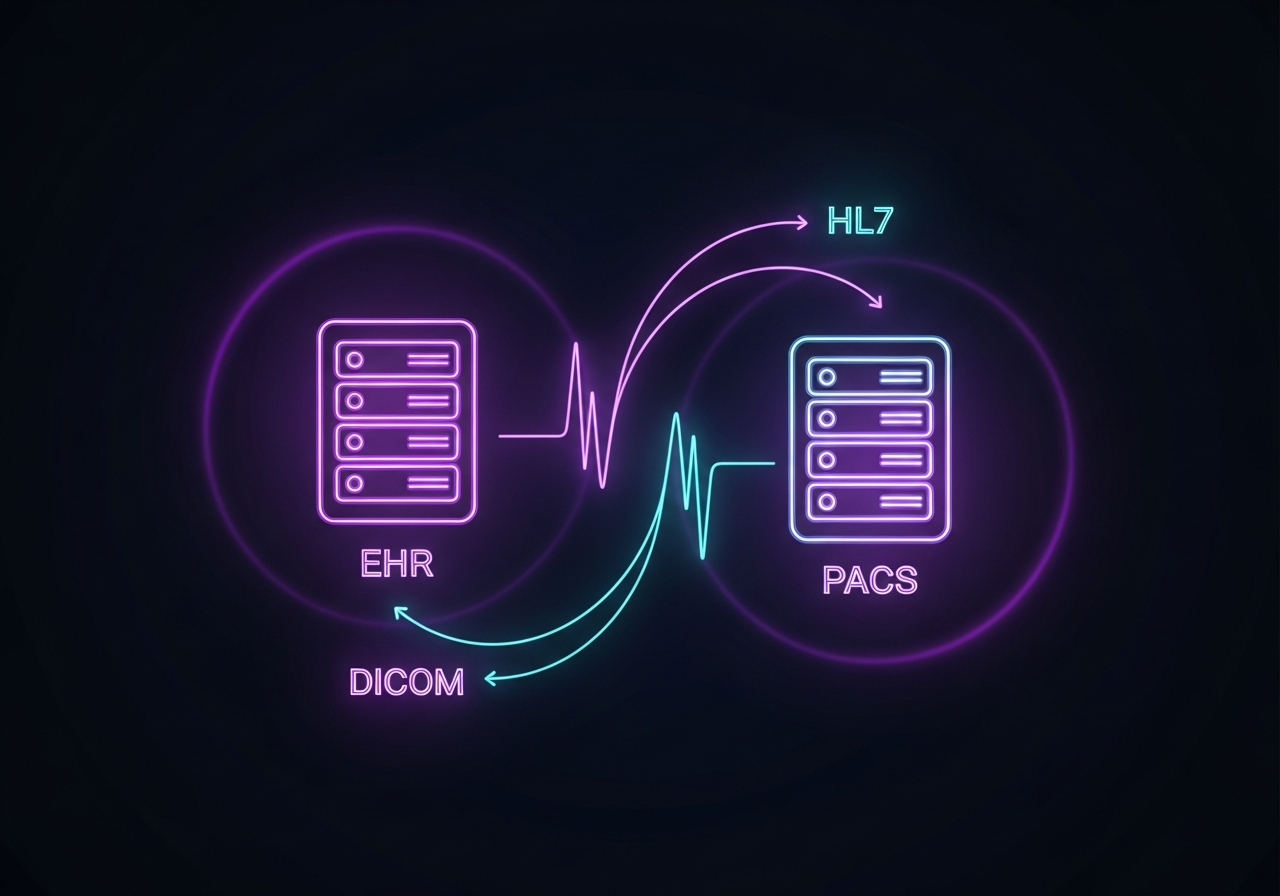 A digital illustration showing interconnected radiology IT systems including an EHR interface, PACS viewer, and DICOM workflow diagram