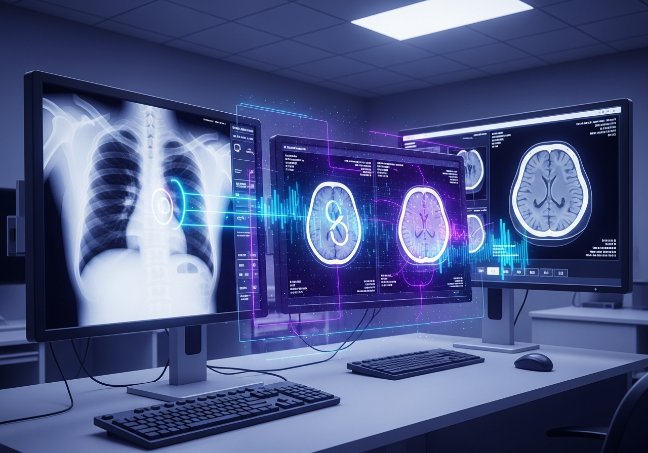 A digital illustration showing AI analysis overlaid on radiology imaging screens in a modern clinical setting with glowing data pathways