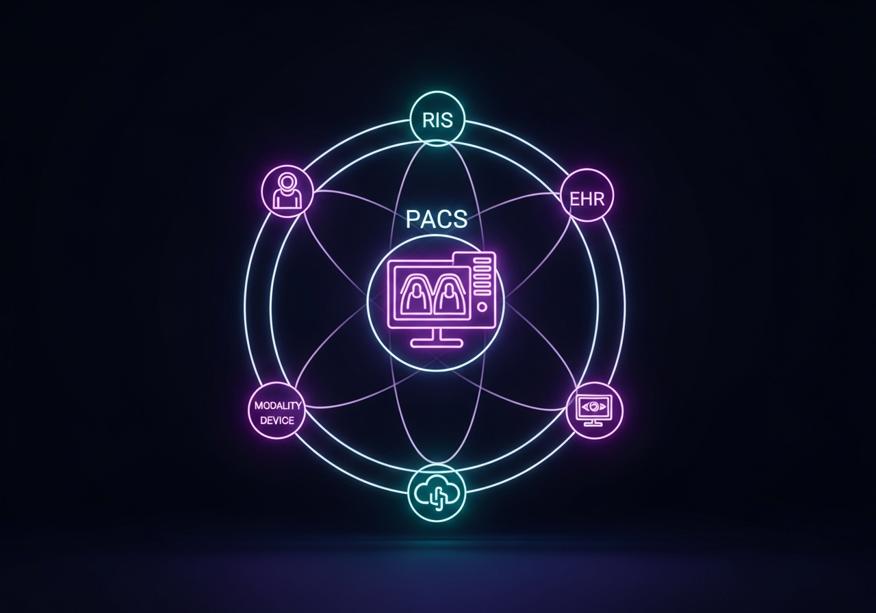 A professional digital illustration showing a healthcare IT decision-maker evaluating interconnected PACS, EHR, and RIS system diagrams on a large screen