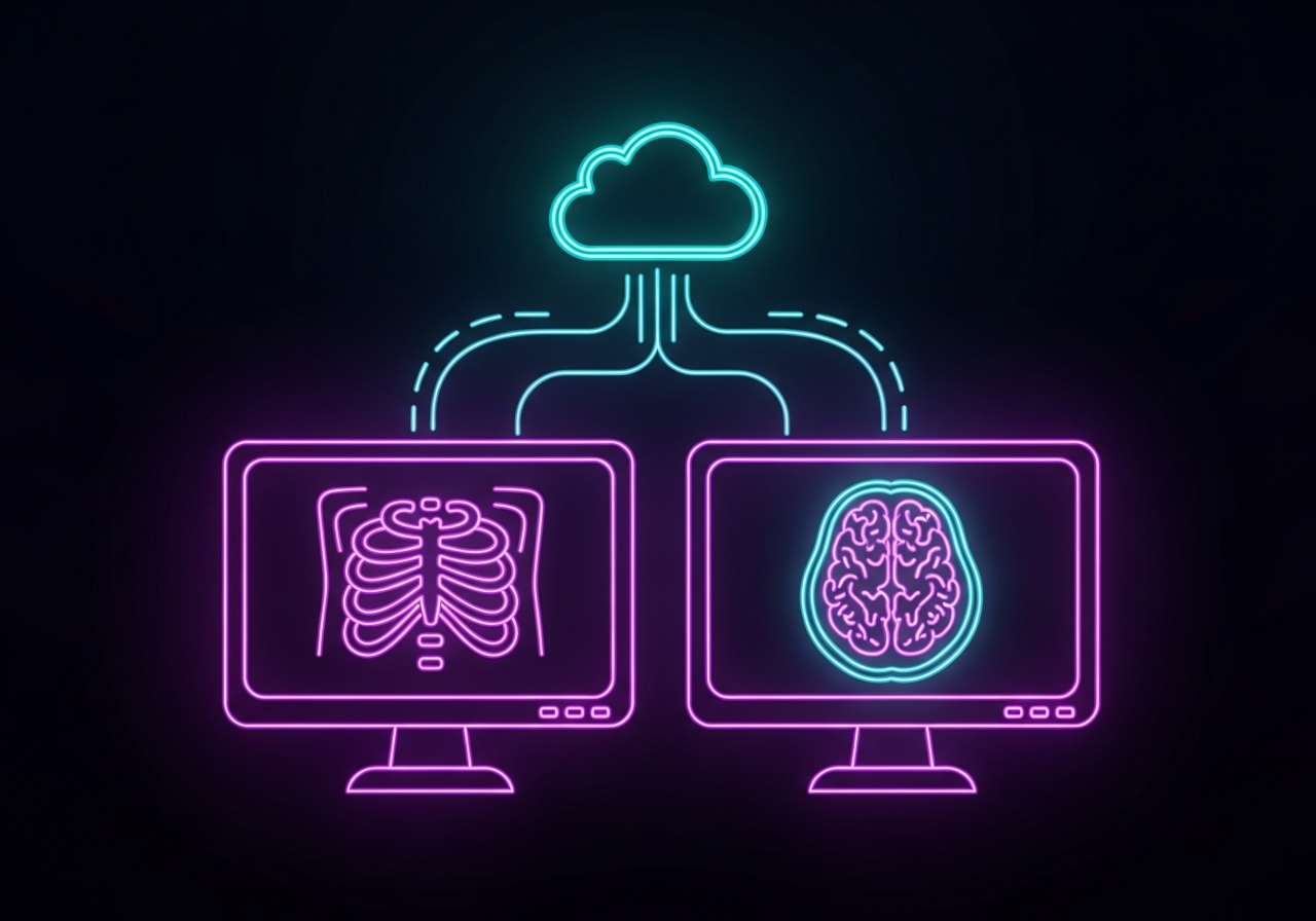 A professional home radiology reading station with dual diagnostic monitors displaying medical imaging studies