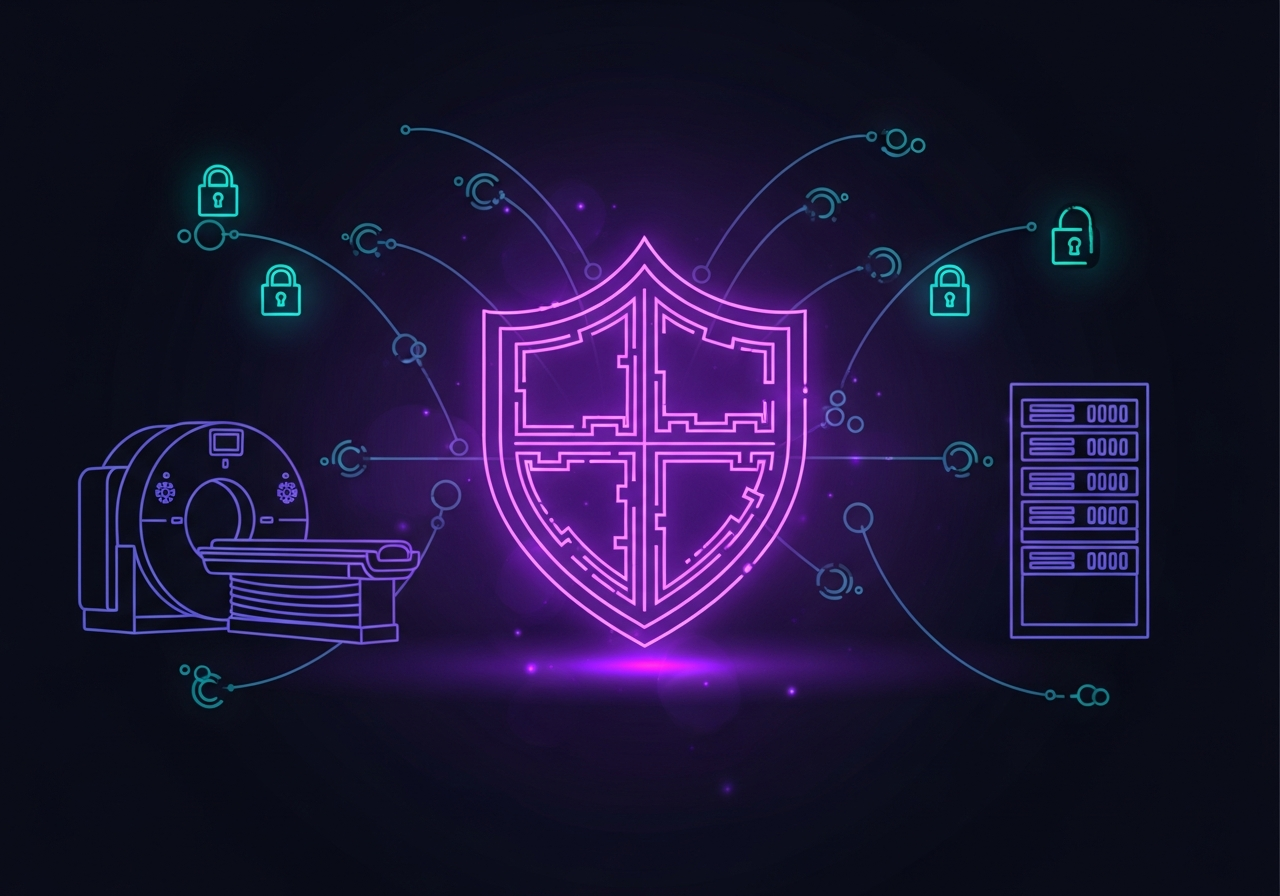 Neon-lit cybersecurity shield and network nodes protecting a radiology PACS system on a dark navy background