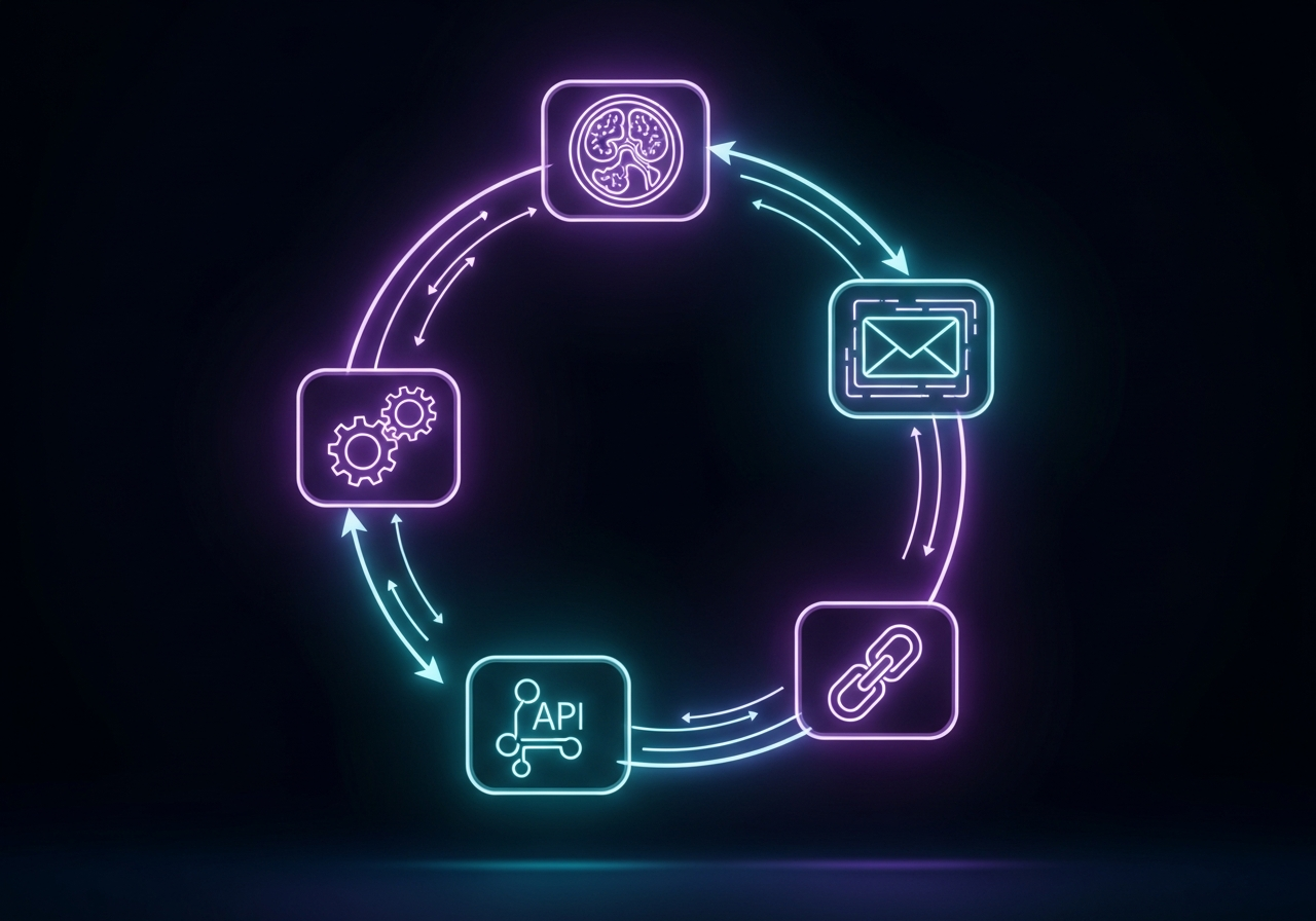 Glowing neon diagram of interconnected medical imaging standards nodes on a dark navy background with purple and cyan accents
