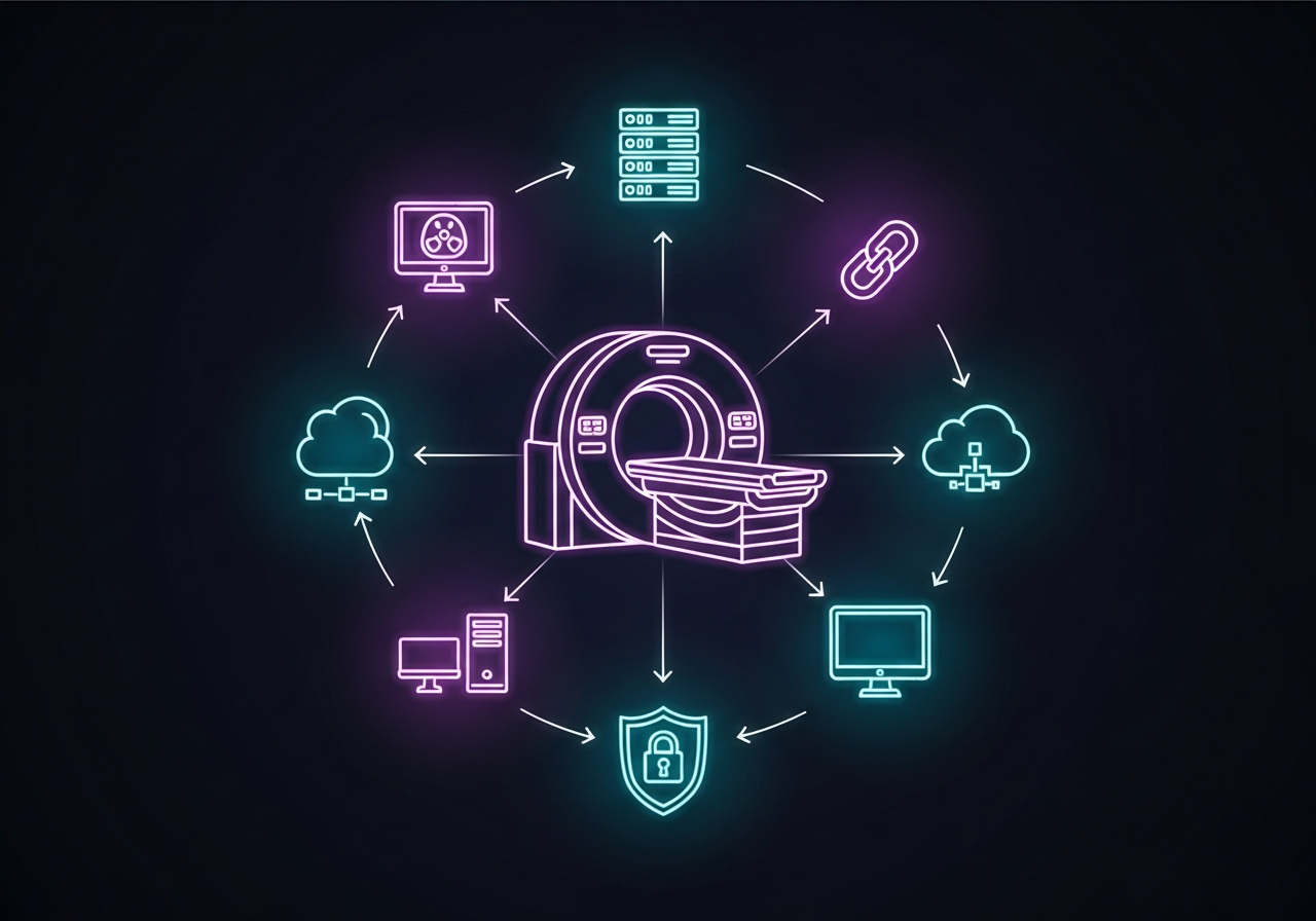 Dark cinematic neon-line illustration of a glowing grid of abstract medical imaging and network icons in purple and cyan