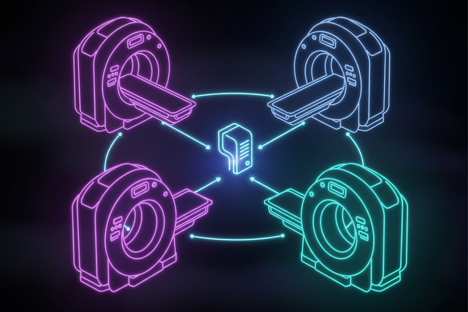 Dark neon-line illustration of four medical imaging scanners in purple and cyan outline art, each connected by glowing arced data lines to a central server archive