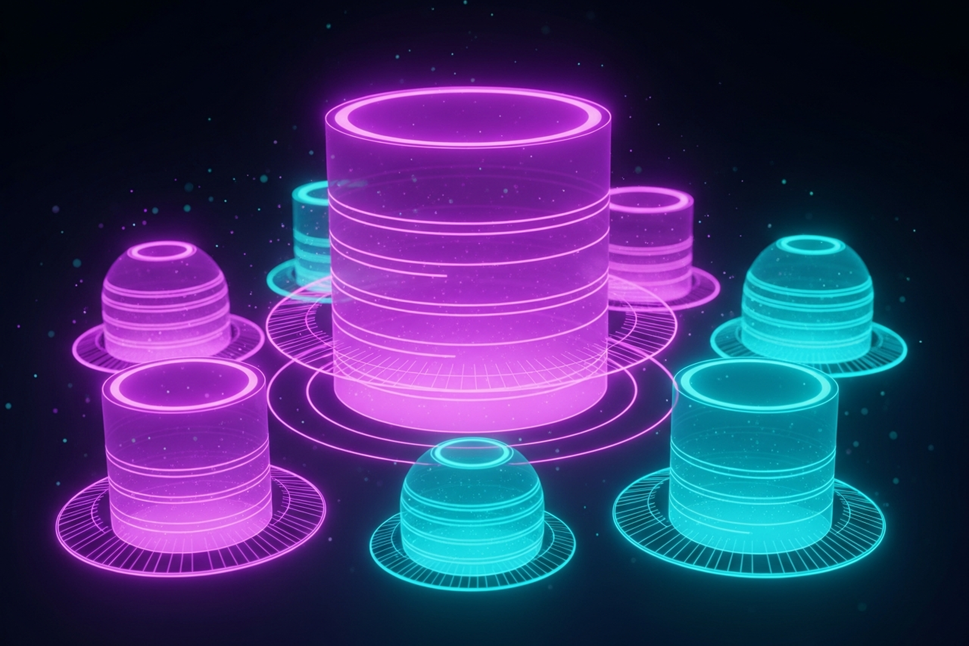 Dark cinematic neon illustration of glowing storage vessels filling with light and expanding outward in concentric rings on a near-black background