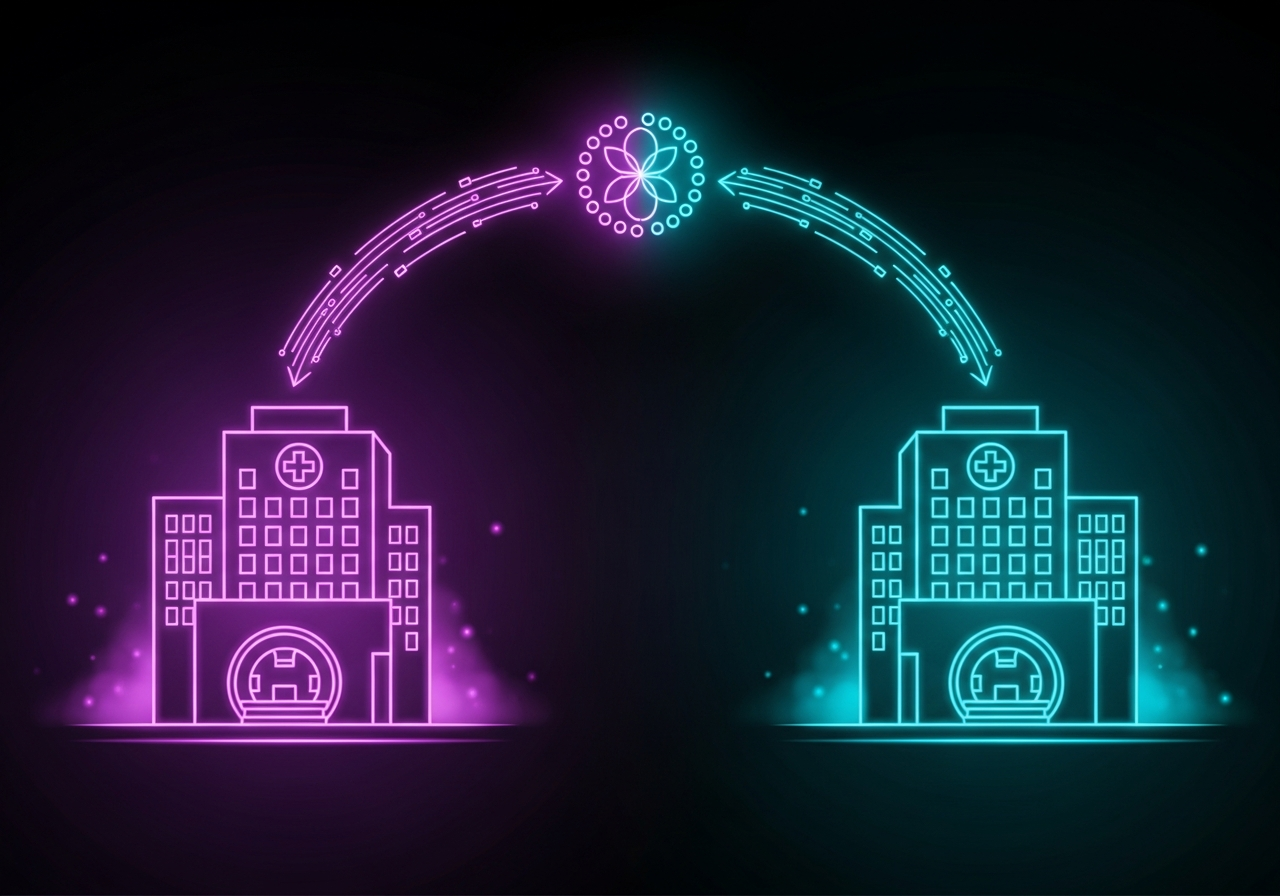 Two mirrored neon-outline hospital imaging facilities, one in purple and one in cyan, each with a scanner gantry at the entrance, linked by twin glowing arcs of data flow meeting at a mandala-shaped continuity emblem, representing PACS disaster recovery failover between sites