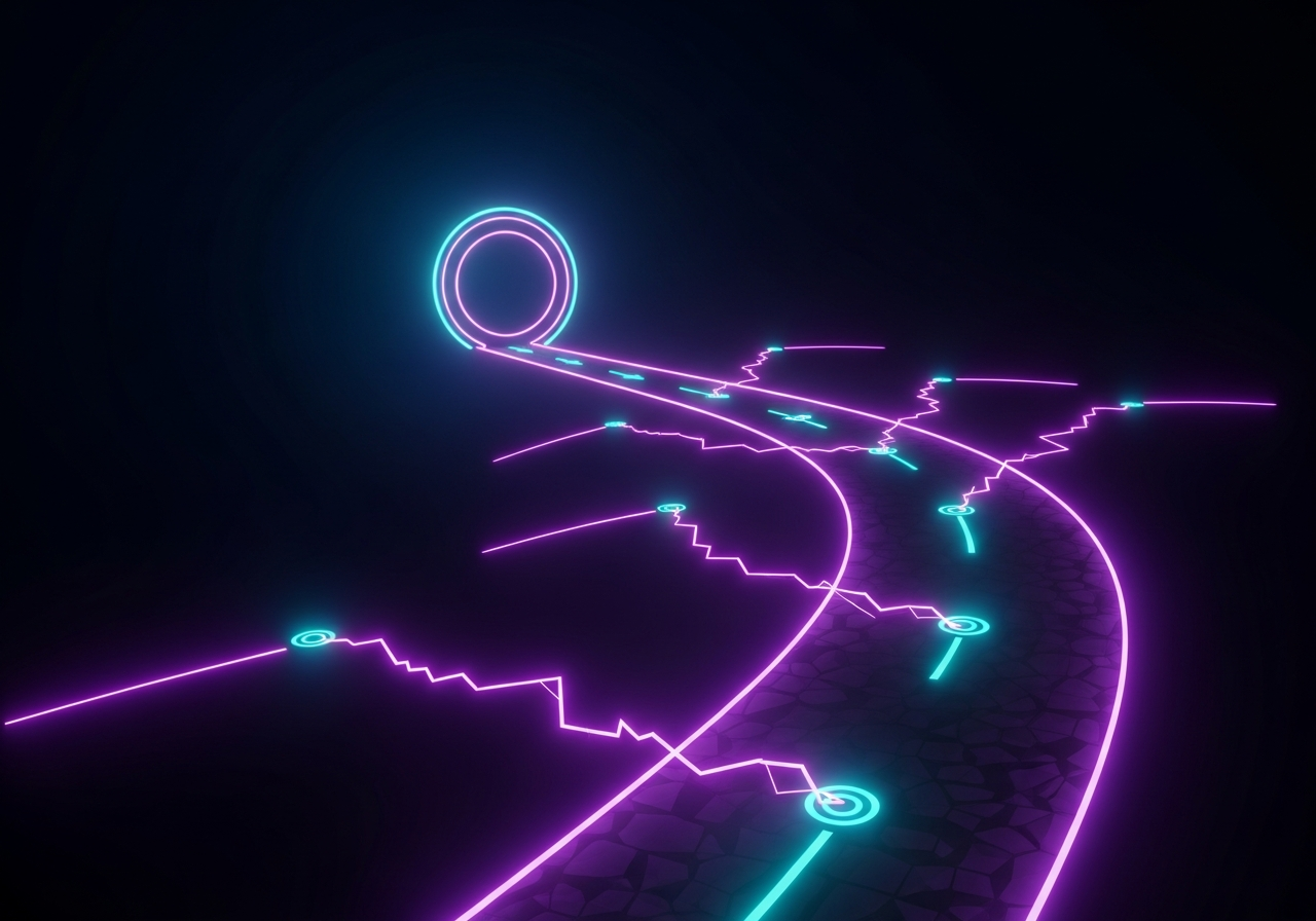 Dark cinematic neon-line illustration of a glowing purple and cyan pathway leading toward a bright portal switch-on point, with jagged fracture lines and small hazard nodes branching off the path on a near-black background
