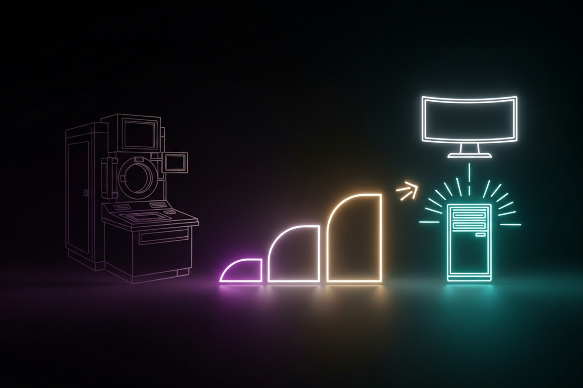 Dark cinematic neon-line illustration of a dim, fading imaging workstation silhouette on one side transitioning through a sequence of glowing ascending arcs into a bright cloud-connected setup on the other, purple and cyan light on a near-black background